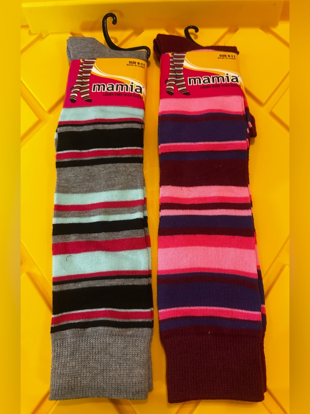 #1400 Mamia Striped Knee High Socks - Gray/Turquoise & Burgundy/Pink